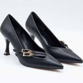 Resim Kadın Abiye Stiletto Mat Siyah Altın Tokalı 7cm Topuklu Tam Kalıp Siyah-cilt Siyah 