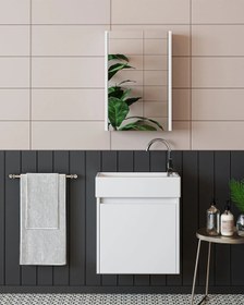 Resim RoomArt Tek Kapaklı Lavabolu Mat Beyaz 50cm Banyo Dolabı Aynalı Üst Dolabı Mat Beyaz 