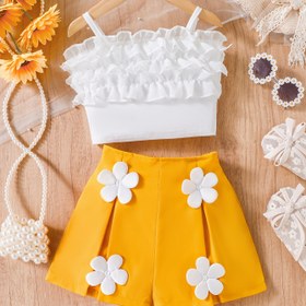 Resim Kadınlar için yazlık kolsuz polyester şortlar, beyaz üstü volanlı sarı etek - Çiçek desenli, omuzdan askılı tasarım, rahat ve şık, rahat yazlık giyim|Çiçek desenli etek|Esnek kumaş, kadın şortları, dış mekan için 