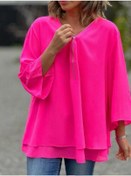 Resim Kadın Büyük Beden Bluz V Yaka Günlük Üst Metal Fermuarlı Bol Günlük Üst Gül Kırmızısı Fuşya 