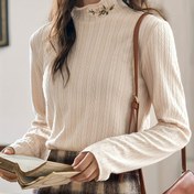 Resim Kadınlar İçin Şık Yuvarlak Yaka Çiçek Nakışlı Tişört - Zarif İşçilik Detaylı Uzun Kollu Üst, Her Mevsim Giyilebilir Günlük ve Resmi Kıyafetler için Nefes Alabilen Materyal, Zarif Bluz, Stil Sahibi Kadın T-Shirt'ü 