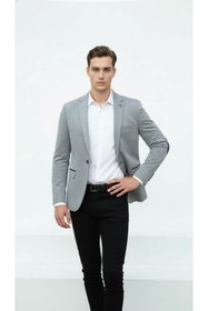 Resim Plus Scorpion PlusScorpion Gri Erkek İtalyan Kesim Blazer Ceket - Lacivert Detaylı, Kol Yamali, Slim Fit Şık Tasa 