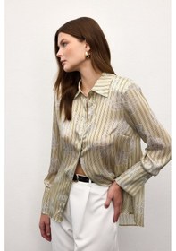 Resim Sateen Geniş Manşetli Gömlek - Sarı-136907 sarı 