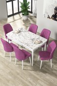 Resim Canisa Par Serisi 70x114 Açılabilir Mdf Mutfak Masası Takımı Beyaz Mermer Desen Masa 6 Mor Sandalye 