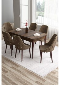 Resim Canisa Tia Serisi 80x132 Açılabilir Mdf Barok Ahşap Desen Gold Detay Mutfak Masası Ve 6 Kahverengi Sandalye Masa Barok Ahşap Desen Sandalye Kahve 