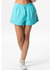 Resim Fulya Keten Düğmeli Kısa Yazlık Şort Turkuaz Trkz Turkuaz 
