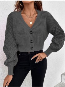 Resim Aqe Fashion V Yaka Örgü Desenli Triko Crop Antrasit Hırka Antrasit 