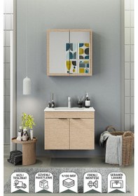 Resim Biani Fix Loft 85 Cm Banyo Dolabı,Seramik Lavabolu, Aynalı,Lavabo Dahil,Mdf,Aybe Bej 