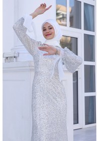 Resim Raika Moda Parıltılı Kol Detaylı Şimal Tesettür Büyük Abiye Beyaz 