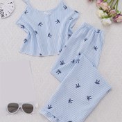 Resim Sevimli Mavi ve Beyaz Çizgili Pijama Takımı - Kolsuz Üst ve Kısa Şort, Yay İçin Mükemmel, Sevimli Uyku Giyim Kombinasyonu, Tüm Mevsimler İçin Uygun Uyku Giyim | Canlı Tasarım | Esnek Olmayan Kumaş, Küçükler İçin Pijamalar 