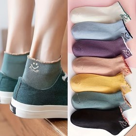 Resim 7 Çift Kadın Sevimli Gülümseyen Yüz Desenli Kısa Çoraplar, Yumuşak Örme Polyester ve Spandex Karışımı, Düz Renk, Elde Yıkanabilir - %98,5 Polyester, %1,5 Spandex 