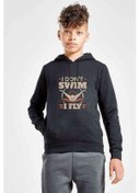 Resim I Dont Swim I Fly Baskılı Unisex Çocuk Kapüşonlu Siyah Sweatshirt Siyah 