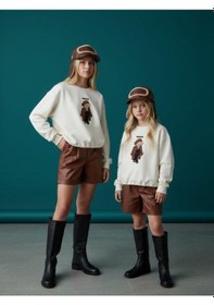 Resim Kız Çocuk İki İplik Ayıcık Nakışlı Tasarım Sweatshirt-16467 Ekru Kahve 