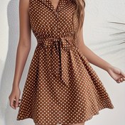 Resim Kadınlar için şık tek parça yazlık elbise, polka desenli, vintage tarz, kemerli gömlek elbise, iş, sosyal etkinlikler, düğünler, kültürel etkinlikler, günlük partiler ve tatiller için çok yönlü, resmi etkinlikler için kıyafet|Vintage ilhamlı tasarım|Poliester kumaş 