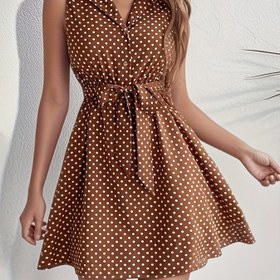 Resim Kadınlar için şık tek parça yazlık elbise, polka desenli, vintage tarz, kemerli gömlek elbise, iş, sosyal etkinlikler, düğünler, kültürel etkinlikler, günlük partiler ve tatiller için çok yönlü, resmi etkinlikler için kıyafet|Vintage ilhamlı tasarım|Poliester kumaş 