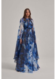 Resim Crystalia Desenli Mavi Yaka Taş İşlemeli Pelerin Elbise Çok Renkli 