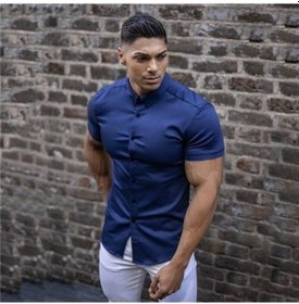 Resim Yingfu Siyah Erkek Düz Düğmeli Gömlek, Kore Tarzı Kısa Kollu, Pratik Gündelik Moda Siyah 