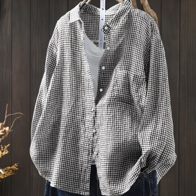 Resim Şık Özel Kadınlar İçin Büyük Beden Rahat Kontrol Gömleği - %100 Polyester Uzun Kollu Düğmeli, H-Özellikli Normal Kalıp, Bahar/Sonbahar için Makinede Yıkanabilir 