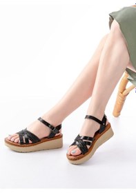 Resim 730-138 Siyah Örgü Hakiki Deri Ortopedik Taban Kadın Sandalet Altın - Taba 