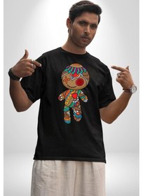 Resim Voofoo Bebeği Doll Doldurulmuş Bebek Pamuklu Bisiklet Yaka Unisex Oversize Boyfriend Dijital Baskılı Siyah T-shirt Siyah 