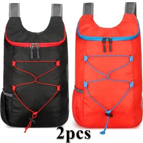 Resim 1/2 Adet Hafif Katlanabilir Yürüyüş Çantası - Ayarlanabilir Omuz Askılı, Dayanıklı Polyester, Çok Bölmeli ve File Cep Detaylı Kamp & Outdoor Maceraları İçin Seyahat Sırt Çantası (Siyah/Kırmızı) 