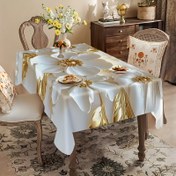 Resim 1 adet Zarif Altın ve Beyaz Çiçekli Masa Örtüsü - Lüks Polyester Kumaş, Yemek Masaları, Konferans Masaları ve Ev Dekoru için Dikdesli Tasarım, İç/Dış Mekan Etkinlikleri, Piknikler, Kamp, Düğünler, Doğum Günü Partileri ve Restoran Kullanımı için Mükemmel, Masa Dekoru 