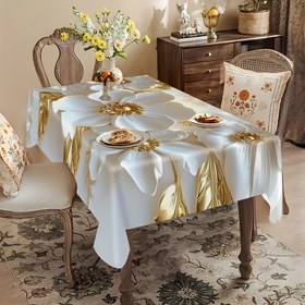 Resim 1 adet Zarif Altın ve Beyaz Çiçekli Masa Örtüsü - Lüks Polyester Kumaş, Yemek Masaları, Konferans Masaları ve Ev Dekoru için Dikdesli Tasarım, İç/Dış Mekan Etkinlikleri, Piknikler, Kamp, Düğünler, Doğum Günü Partileri ve Restoran Kullanımı için Mükemmel, Masa Dekoru 