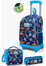 Resim Coral High Kids Lacivert Mavi Uzay Desenli Çekçekli 3'lü Çanta Seti Set0123376 