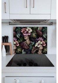 Resim 50X60 Cm Çiçek Kadın Desenli Cam Ocak Arkası Koruyucusu 