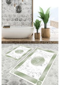 Resim Dijital Baskı Mermer Desen Kaymaz Taban 2li Set Banyo Paspası Klozet Takımı 50x60cm-60x100cm Yeşil 
