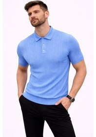 Resim Erkek Yazlık Triko Tişört Kısa Kol Polo Yaka Düğmeli T-shirt - Bebek Mavisi 