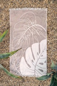 Resim Monstera Yaprağı Jakarlı Peştemal Bej, Taşıma Çantalı 