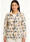 Resim Kadın Tam Fermuarlı Desenli Polar Sweat - Siyah Multicolor Figür Desen Yakalı, Uzun Kollu, Oversize Rahat Kalıp - Beyaz Siyah 