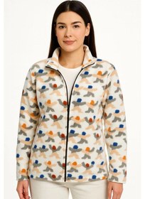 Resim Kadın Tam Fermuarlı Desenli Polar Sweat - Siyah Multicolor Figür Desen Yakalı, Uzun Kollu, Oversize Rahat Kalıp - Beyaz Siyah 