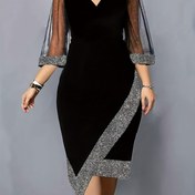 Resim Kadınların şık kolsuz V-Neck Bodycon elbisesi, asimetrik hem ve şeffaf kollu, beyaz parıltılı beyaz detaylı siyah - Bahar/Yaz için mükemmel, şık etkinlik kıyafeti | Vneck Elbise | Polyester Kumaş 