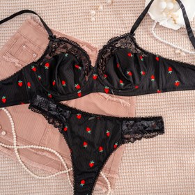 Resim Kadınlar İçin Tek Renkli Çilek Baskılı Dantel Fiyonklu Rahat Artı Boyutlu İç Giyim Takımı 