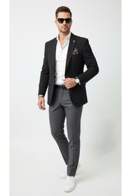 Resim Plus Scorpion Erkek Lacivert Mono Yaka Likralı Blazer Ceket - Esnek Konfor Kumaş, Tek Düğmeli Slim Fit 