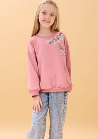 Resim Kız Çocuk Zürafa Nakışlı Mevsimlik Oversize Sweatshirt - Gül Kurusu / 5-6 Yaş 