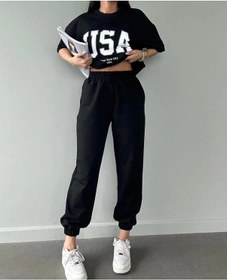Resim Usa T-shirt Eşofman Altı Jogger- Siyah Baskılı Alt Üst Eşofman Takım Oversize Bisiklet Yaka Siyah 