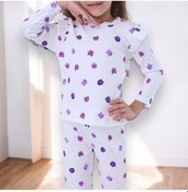 Resim Yeni Sezon Kız Çocuk Fitilli Alt Üst Ekru Üzeri Mor Çiçek Desenli Pijama Takımı Uzun Beyaz - Siyah 