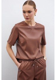 Resim Sateen Kısa Kol Deri Bluz - Kahve-135521 Kahve 