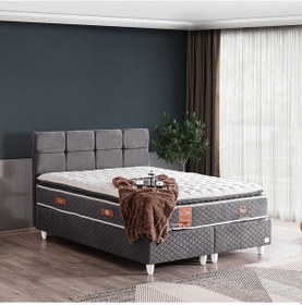 Resim Gümüş Çift Kişilik Baza Başlık Real Pedli Yatak Seti Antrasit 150 x 200 