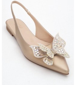 Resim Luvi Shoes Orıol Altın Cilt Kelebek Taşlı Sivri Burun Arkası Açık Kadın Babet Ayakkabı Altın 