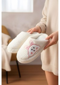 Resim Ft 101 Tavşan Nakışlı Kadın Ev Terliği Peluş Terlik Çeyiz Ve Bohça Terliği Ses Yapmaz Kalın Taban Beyaz 
