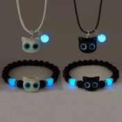 Resim Glow-in-the-Dark Kedi Çifti Takı Seti | Siyah Boncuklu Kedi Kolye Ayarlanabilir Bileklik Kolye Sevimli Evcil Hayvan Hediyesi Cadılar Bayramı Noel Partisi Parıltı Aksesuarları 