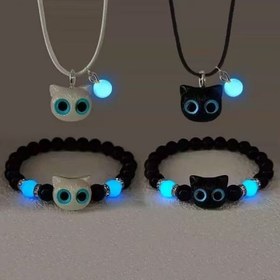 Resim Glow-in-the-Dark Kedi Çifti Takı Seti | Siyah Boncuklu Kedi Kolye Ayarlanabilir Bileklik Kolye Sevimli Evcil Hayvan Hediyesi Cadılar Bayramı Noel Partisi Parıltı Aksesuarları 