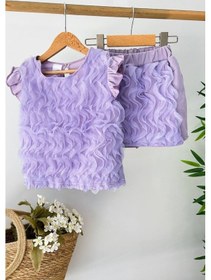 Resim Turuncu Gardrop 3-10 Yaş Kabartma Tül Detay Şort Etekli Kız Çocuk Takım Lila Lila 