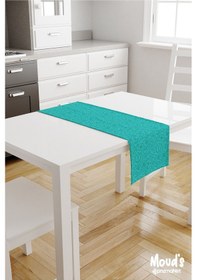 Resim Turkuaz Flora Serisi Desenli Baskılı Süet Runner Masa Örtüsü 