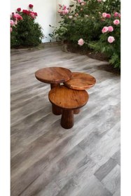 Resim Simillo Home&Living Wood Wooden Ahşap 3’lü Set Fitilli Mantar Yan Sehpa Modern Fındık Renk Fiskos 