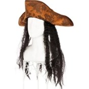 Resim TE Dükkan Buğz Siyah Saçlı Kaptan Korsan Şapkası 